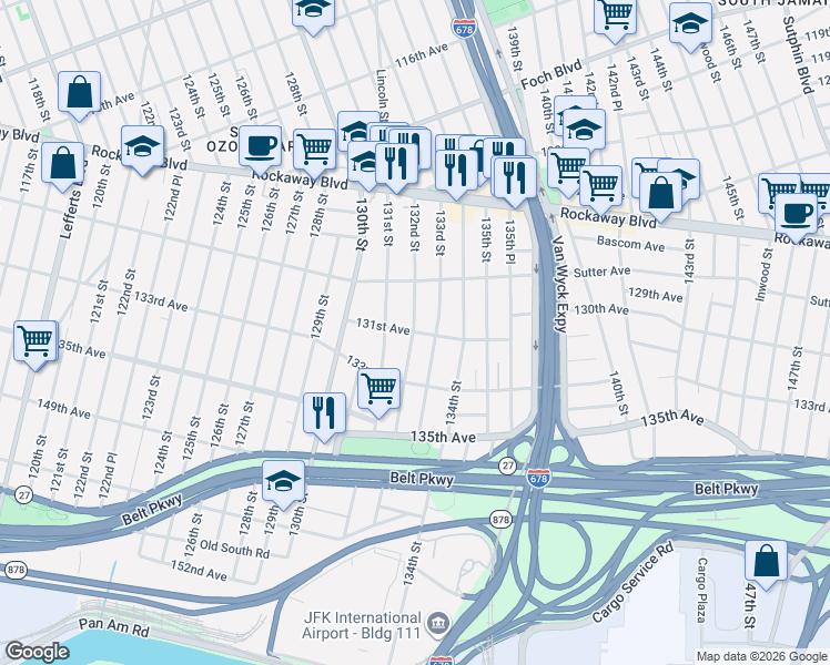 map of restaurants, bars, coffee shops, grocery stores, and more near 132-09 131st Avenue in Queens