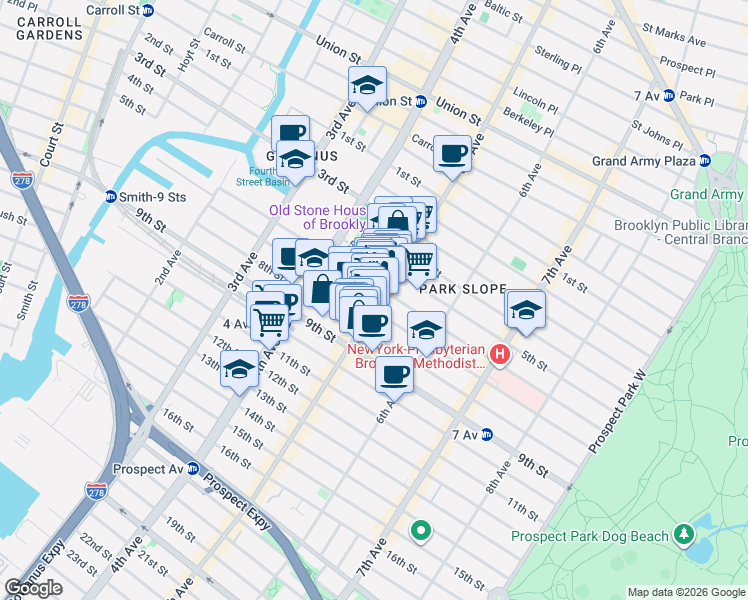 map of restaurants, bars, coffee shops, grocery stores, and more near 396 5th Avenue in New York