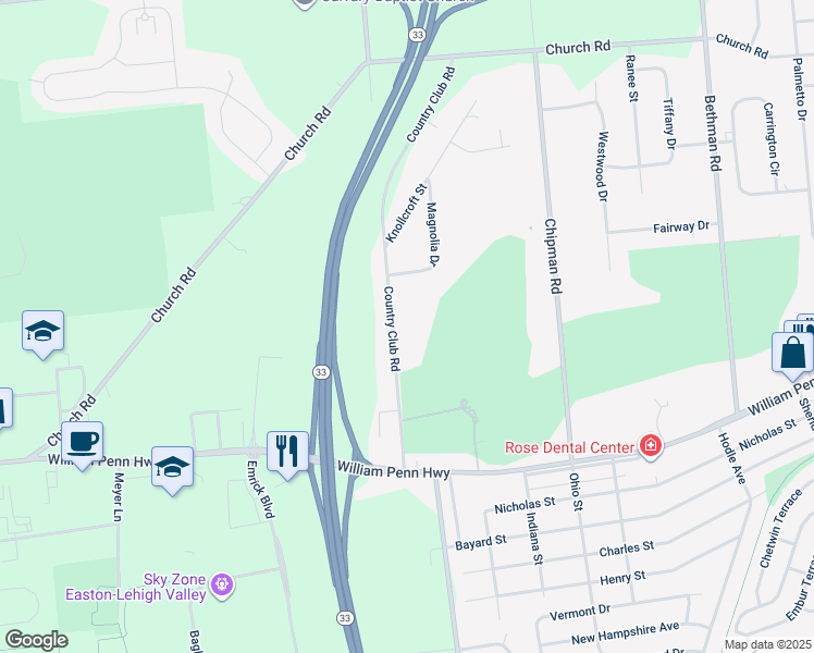map of restaurants, bars, coffee shops, grocery stores, and more near 3480 Country Club Road in Easton