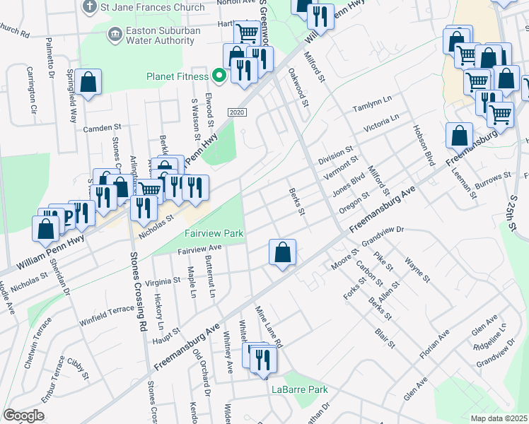 map of restaurants, bars, coffee shops, grocery stores, and more near 3334 Vermont Street in Easton