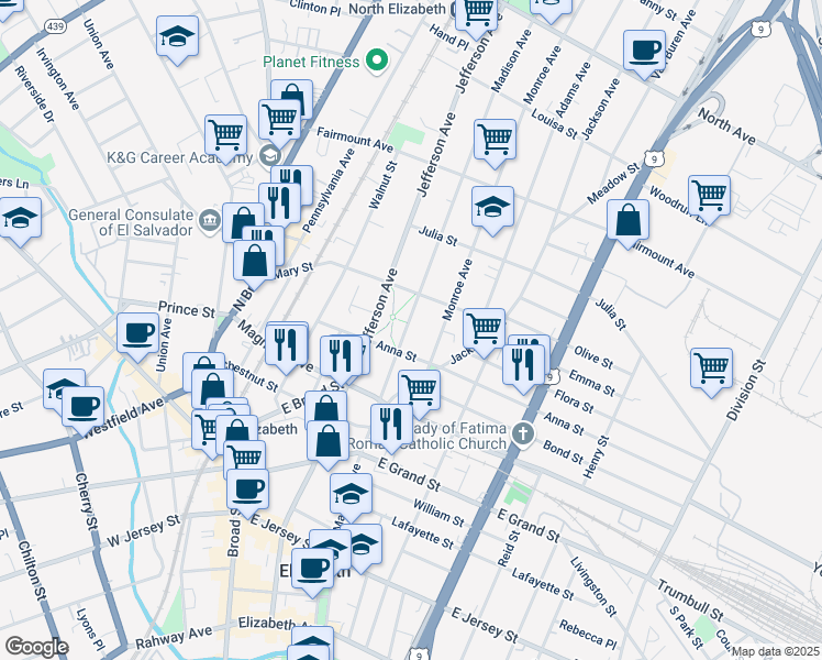 map of restaurants, bars, coffee shops, grocery stores, and more near 467 Madison Avenue in Elizabeth