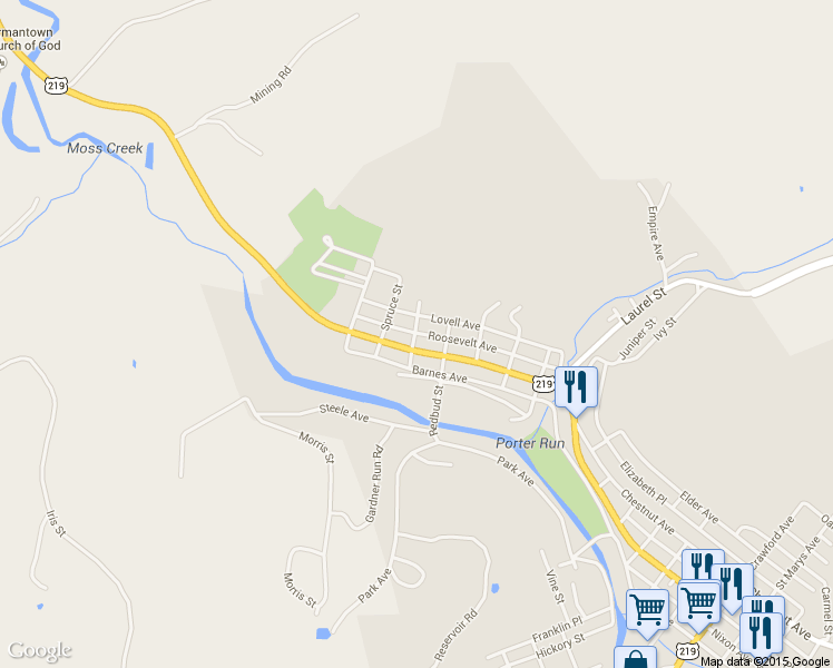 map of restaurants, bars, coffee shops, grocery stores, and more near Sassafras St in Northern Cambria