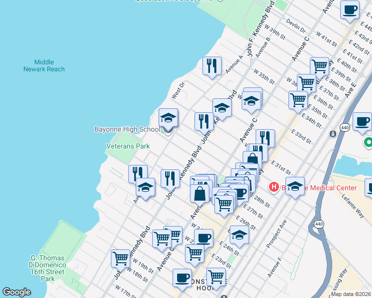 map of restaurants, bars, coffee shops, grocery stores, and more near 120 West 29th Street in Bayonne