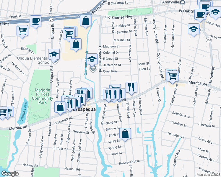 map of restaurants, bars, coffee shops, grocery stores, and more near 43 Weaver Drive in Massapequa