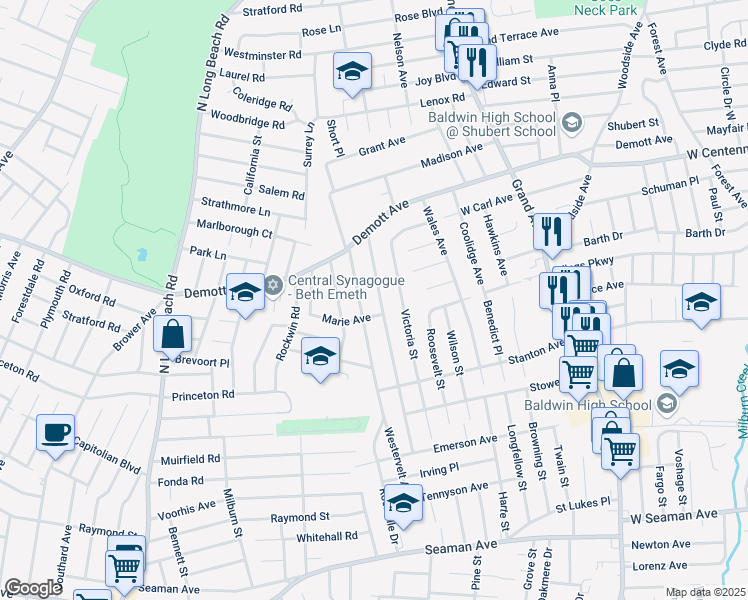 map of restaurants, bars, coffee shops, grocery stores, and more near 1540 Kenneth Avenue in Baldwin