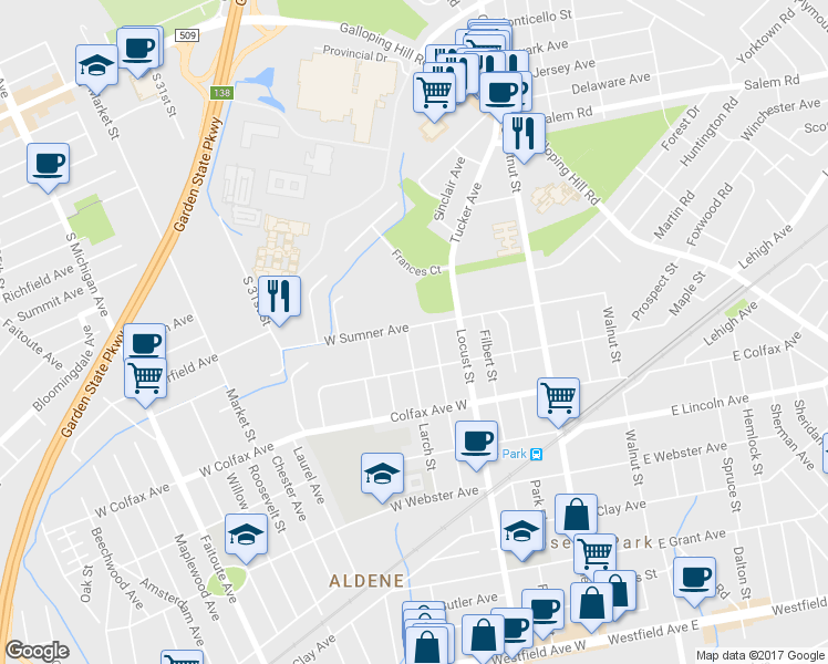 map of restaurants, bars, coffee shops, grocery stores, and more near 829 Larch Street in Roselle Park