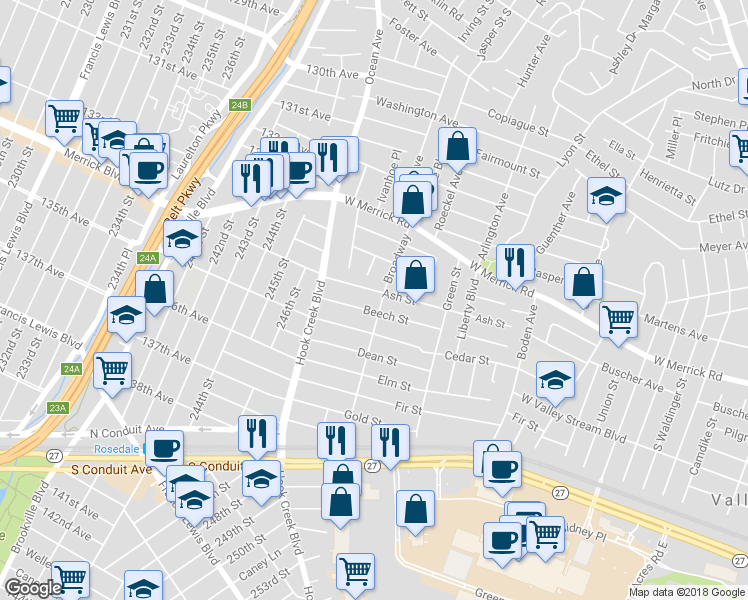 map of restaurants, bars, coffee shops, grocery stores, and more near 190 134th Avenue in Valley Stream