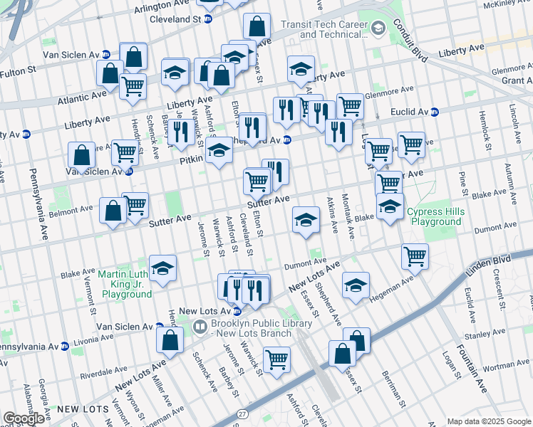 map of restaurants, bars, coffee shops, grocery stores, and more near 588 Linwood Street in Brooklyn