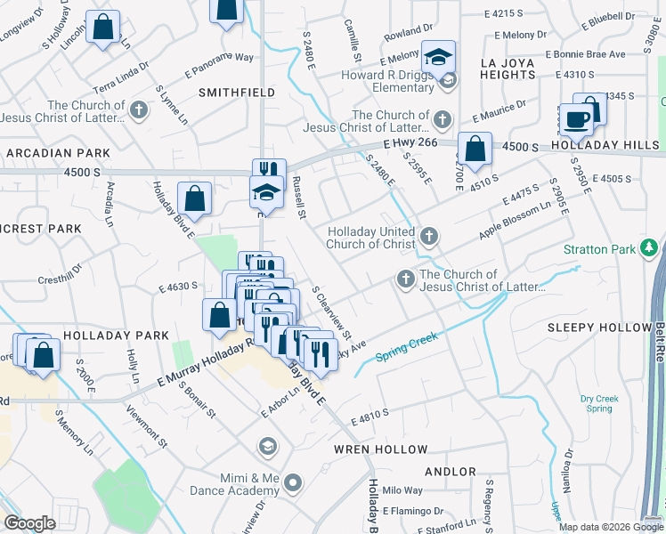 map of restaurants, bars, coffee shops, grocery stores, and more near 4606 Russell Street in Holladay