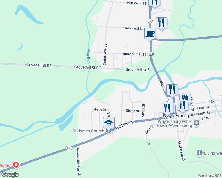 map of restaurants, bars, coffee shops, grocery stores, and more near 9070 Roosevelt Avenue Exd in Waynesburg