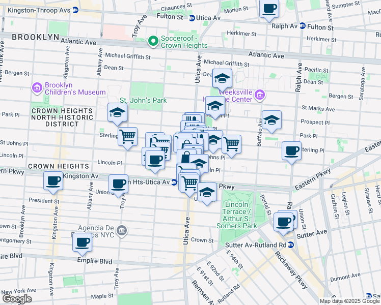 map of restaurants, bars, coffee shops, grocery stores, and more near 236 Utica Avenue in Brooklyn