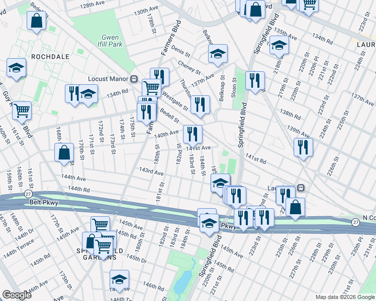 map of restaurants, bars, coffee shops, grocery stores, and more near 140-40 183rd Street in Queens