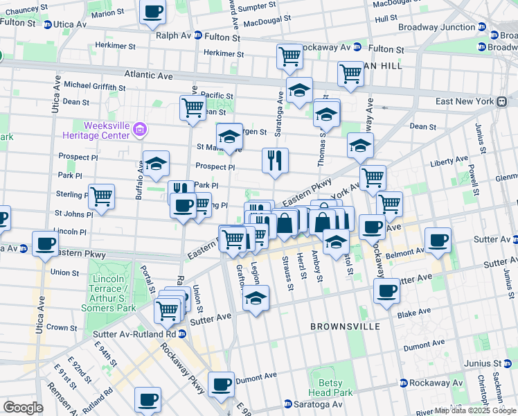 map of restaurants, bars, coffee shops, grocery stores, and more near 1835 Sterling Place in Brooklyn