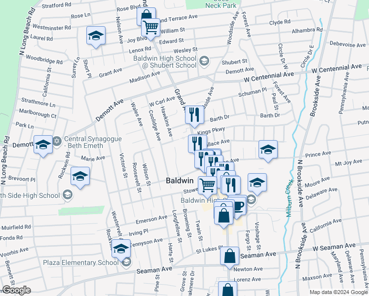 map of restaurants, bars, coffee shops, grocery stores, and more near 1600 Grand Avenue in Baldwin