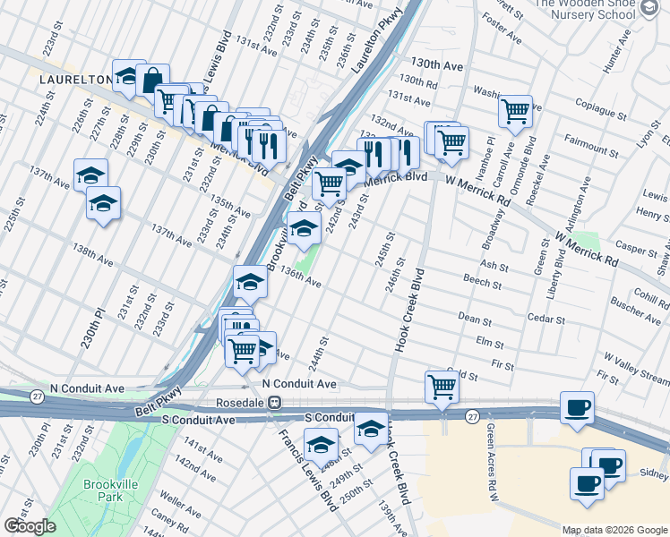 map of restaurants, bars, coffee shops, grocery stores, and more near 135-12 243rd Street in Queens
