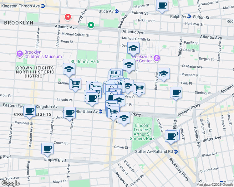 map of restaurants, bars, coffee shops, grocery stores, and more near 225 Utica Avenue in Brooklyn