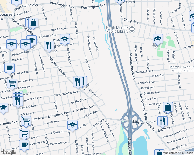 map of restaurants, bars, coffee shops, grocery stores, and more near 98 Oak Street in Freeport