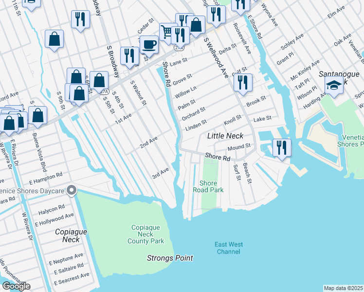 map of restaurants, bars, coffee shops, grocery stores, and more near 720 Shore Road in Lindenhurst