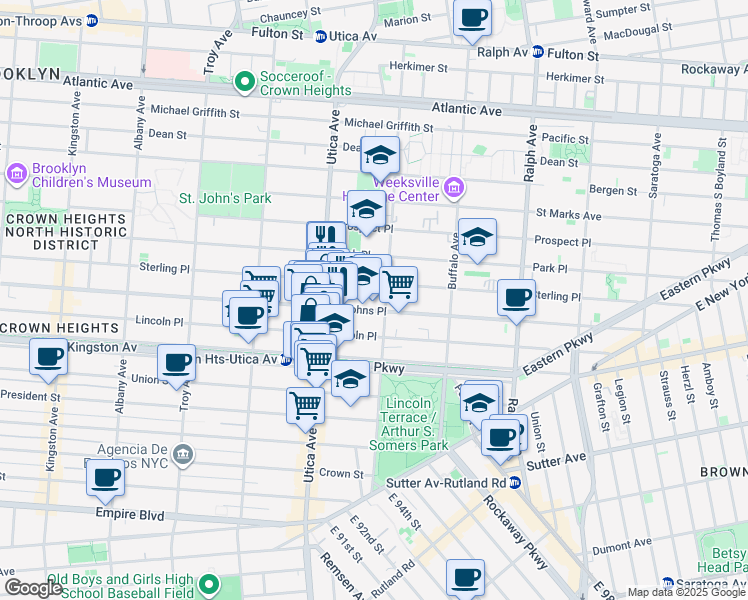 map of restaurants, bars, coffee shops, grocery stores, and more near 1489 Saint Johns Place in Brooklyn