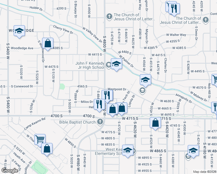 map of restaurants, bars, coffee shops, grocery stores, and more near 4778 Westpoint Drive in West Valley City