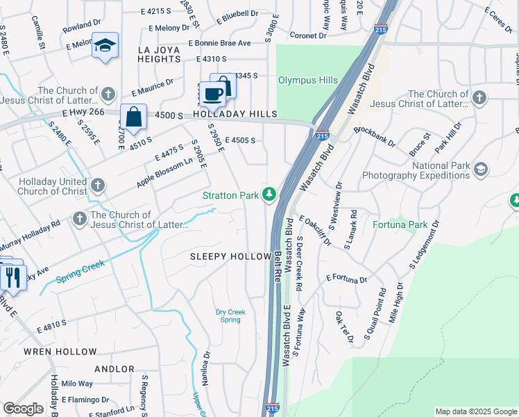 map of restaurants, bars, coffee shops, grocery stores, and more near 4595 Wallace Lane in Holladay