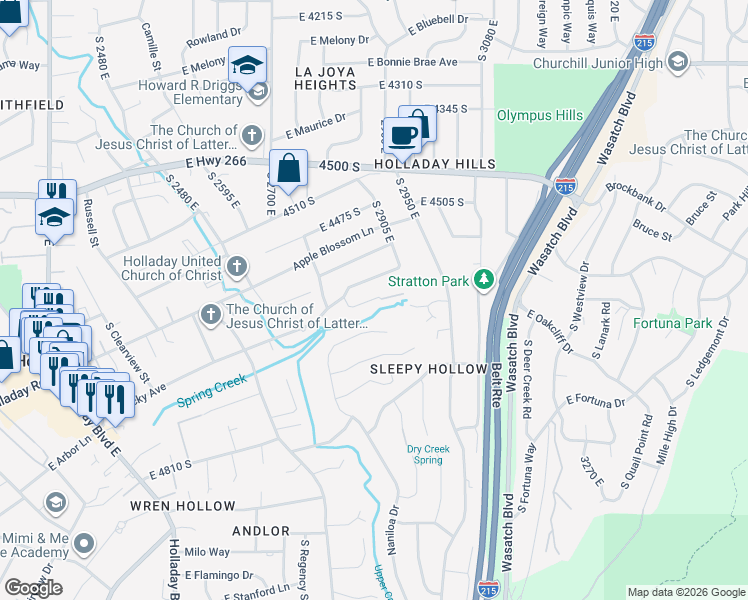 map of restaurants, bars, coffee shops, grocery stores, and more near 2895 Live Oak Circle in Holladay