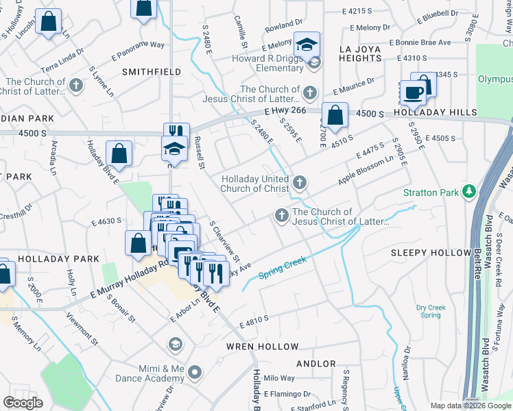 map of restaurants, bars, coffee shops, grocery stores, and more near 2541 East Murray Holladay Road in Holladay