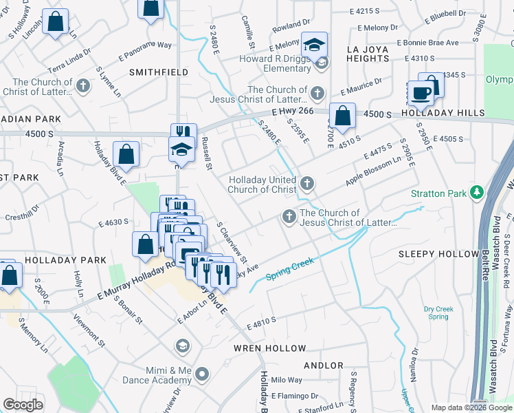 map of restaurants, bars, coffee shops, grocery stores, and more near 2541 East Murray Holladay Road in Holladay