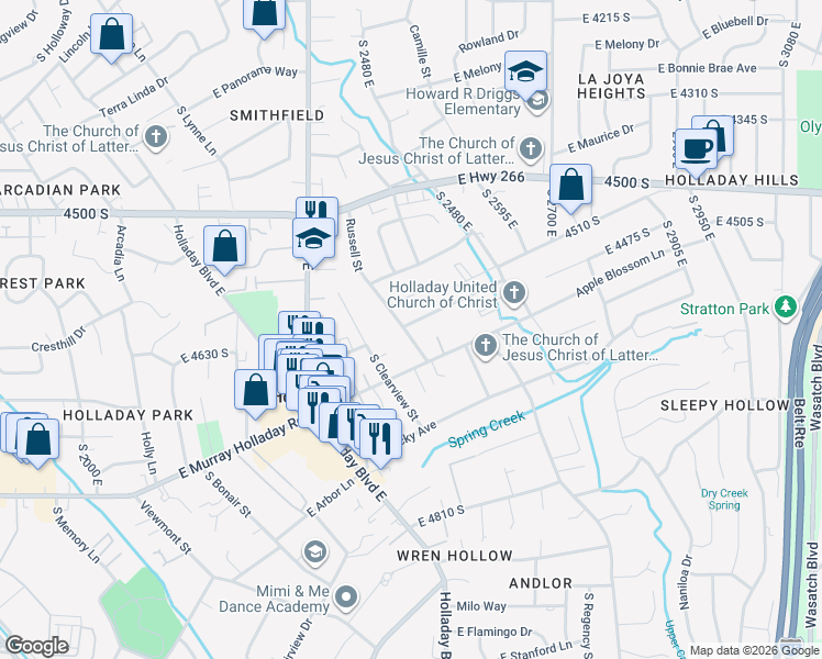 map of restaurants, bars, coffee shops, grocery stores, and more near 2499 East Keddington Lane in Holladay