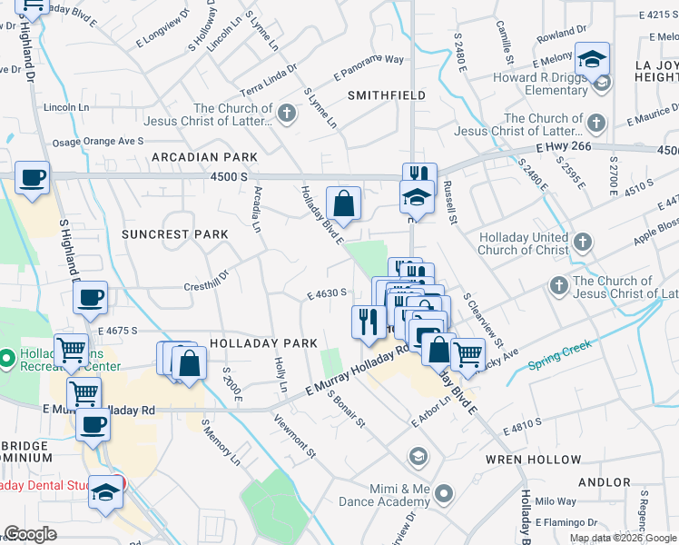 map of restaurants, bars, coffee shops, grocery stores, and more near 2194 Iverson Woods Place in Holladay