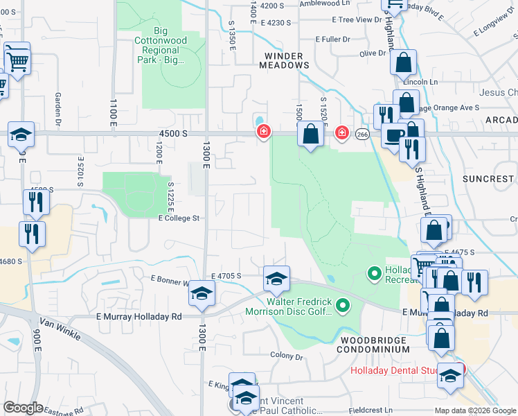 map of restaurants, bars, coffee shops, grocery stores, and more near 4587 South 1425 East in Millcreek