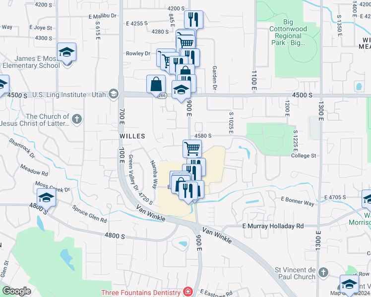 map of restaurants, bars, coffee shops, grocery stores, and more near 890 Red Sage Lane in Murray