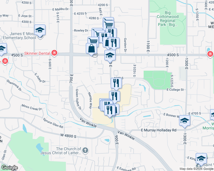 map of restaurants, bars, coffee shops, grocery stores, and more near 890 Red Sage Lane in Murray