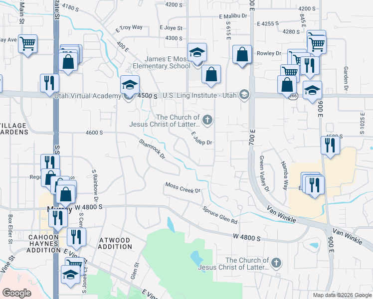 map of restaurants, bars, coffee shops, grocery stores, and more near 4594 South Creekview Drive in Murray