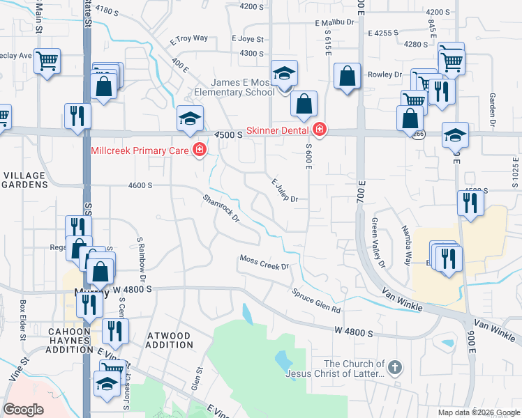 map of restaurants, bars, coffee shops, grocery stores, and more near 4594 South Creekview Drive in Murray