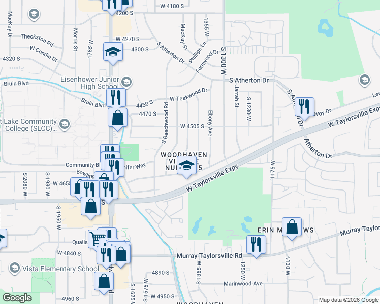 map of restaurants, bars, coffee shops, grocery stores, and more near 4571 Thornwood Avenue in Taylorsville