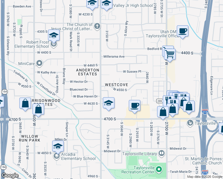 map of restaurants, bars, coffee shops, grocery stores, and more near 3115 Westcove Drive in West Valley City