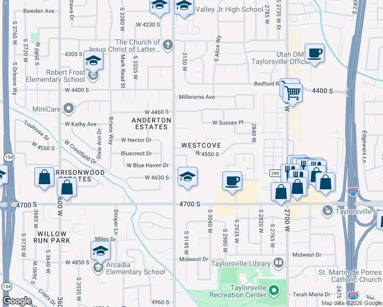 map of restaurants, bars, coffee shops, grocery stores, and more near 3115 Westcove Drive in West Valley City