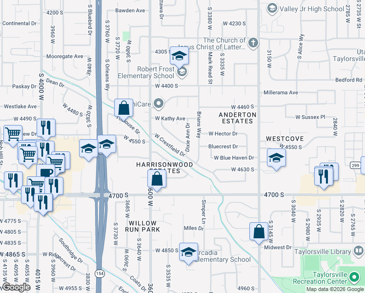 map of restaurants, bars, coffee shops, grocery stores, and more near 4561 Dixie Ann Drive in Salt Lake City