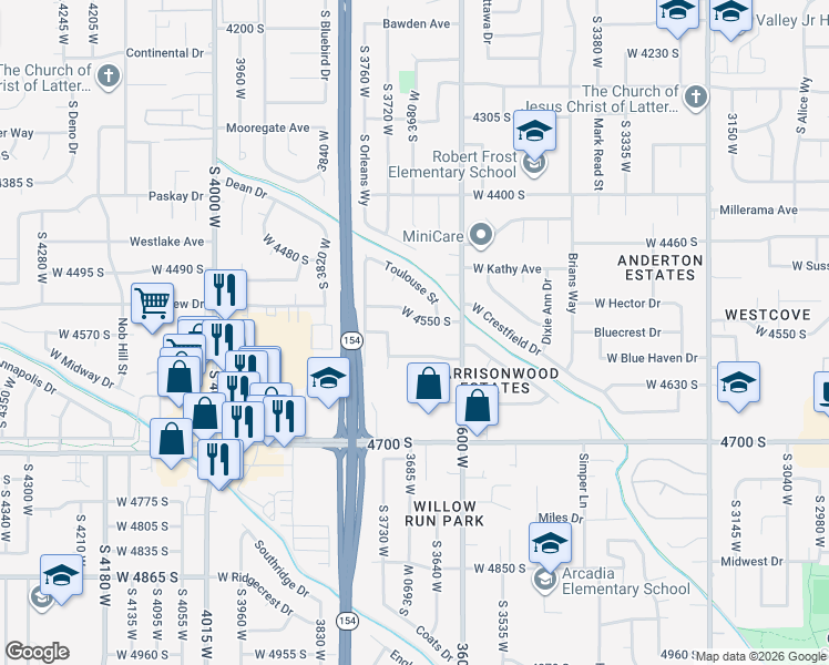 map of restaurants, bars, coffee shops, grocery stores, and more near 3718 West 4560 South in West Valley City