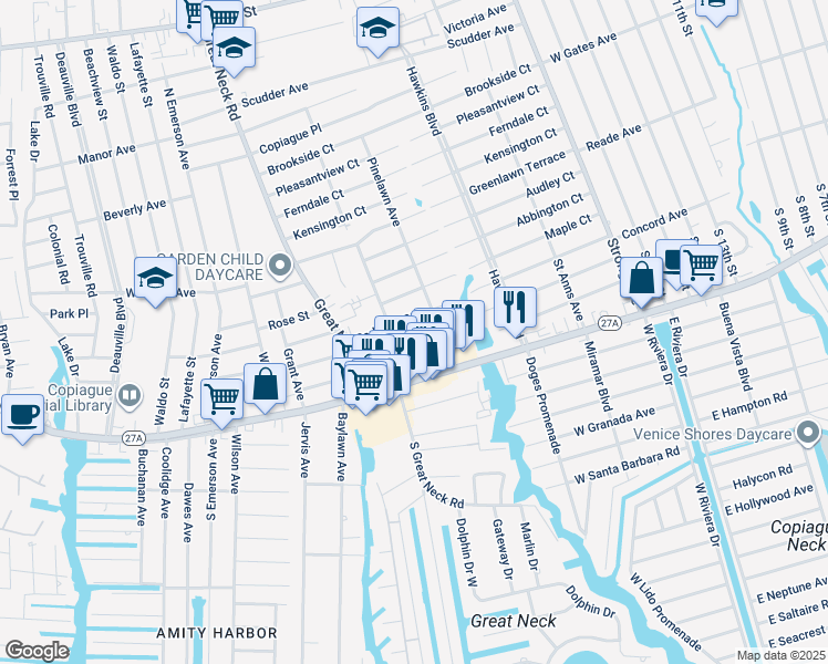 map of restaurants, bars, coffee shops, grocery stores, and more near 145 Cedar Court in Copiague