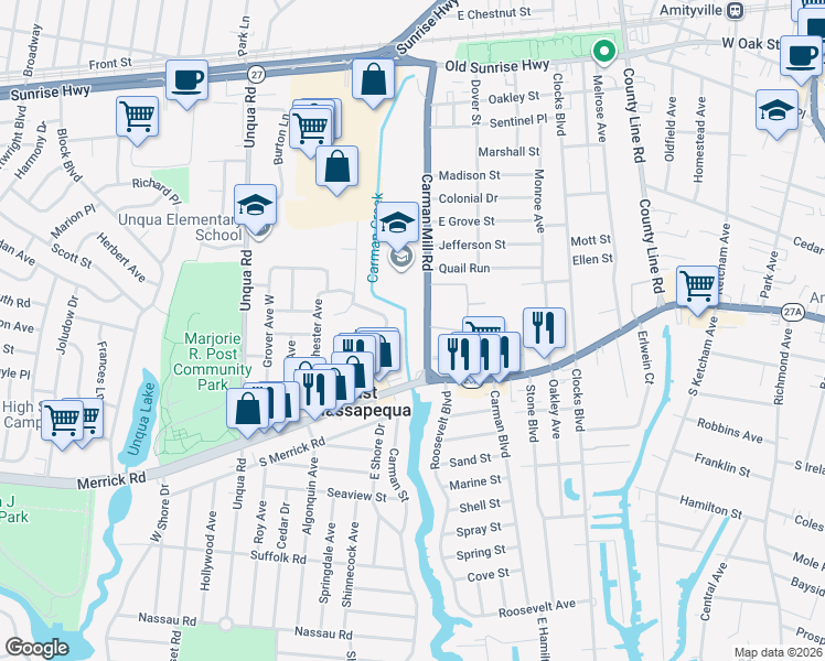 map of restaurants, bars, coffee shops, grocery stores, and more near 10 Lamplighter Lane in Massapequa