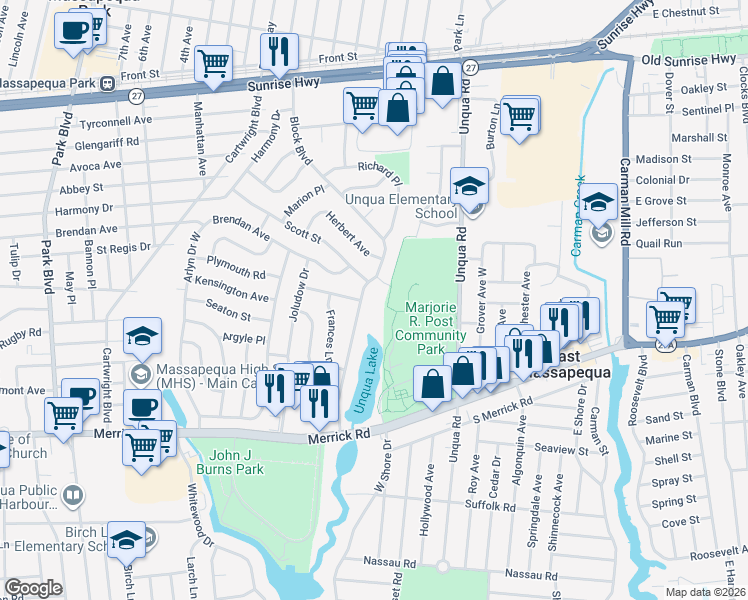 map of restaurants, bars, coffee shops, grocery stores, and more near 4 Lee Place in Massapequa Park