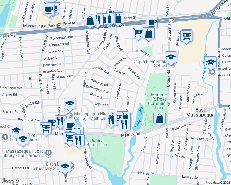 map of restaurants, bars, coffee shops, grocery stores, and more near 74 Arlyn Drive West in Massapequa