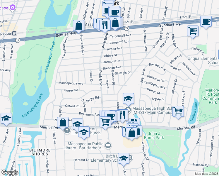 map of restaurants, bars, coffee shops, grocery stores, and more near 180 May Place in Massapequa Park