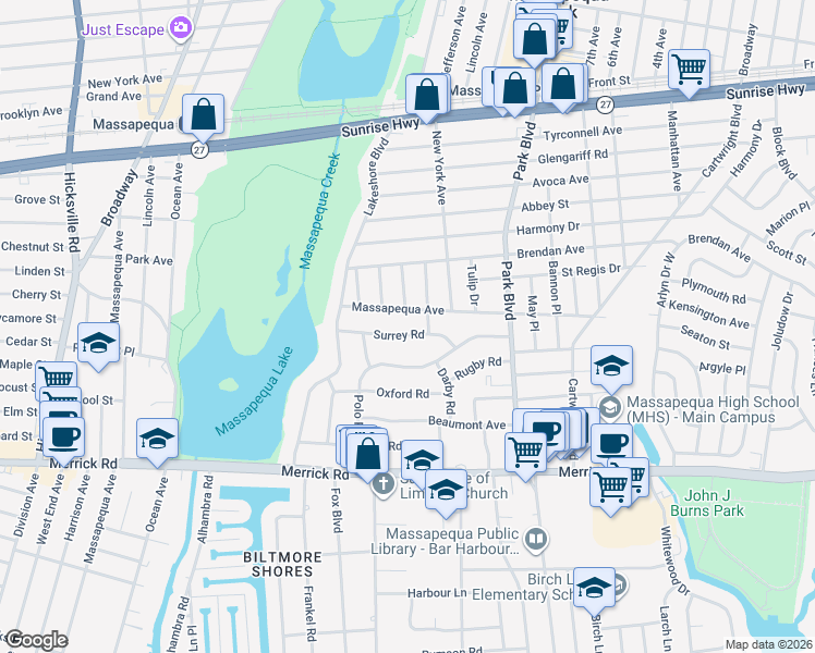 map of restaurants, bars, coffee shops, grocery stores, and more near 32 Massapequa Avenue in Massapequa Park