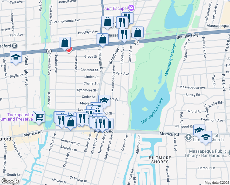 map of restaurants, bars, coffee shops, grocery stores, and more near 356 Massapequa Avenue in Massapequa