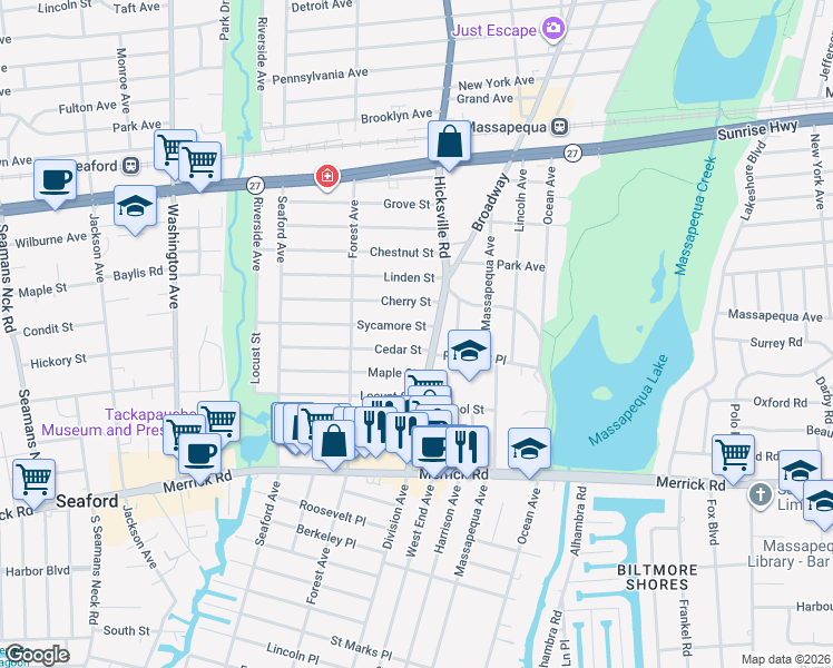 map of restaurants, bars, coffee shops, grocery stores, and more near 74 Sycamore Street in Massapequa