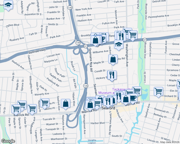 map of restaurants, bars, coffee shops, grocery stores, and more near 3811 Condit Street in Seaford