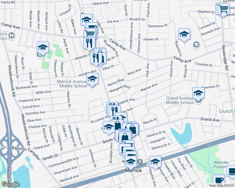 map of restaurants, bars, coffee shops, grocery stores, and more near 16 Margaret Boulevard in Merrick